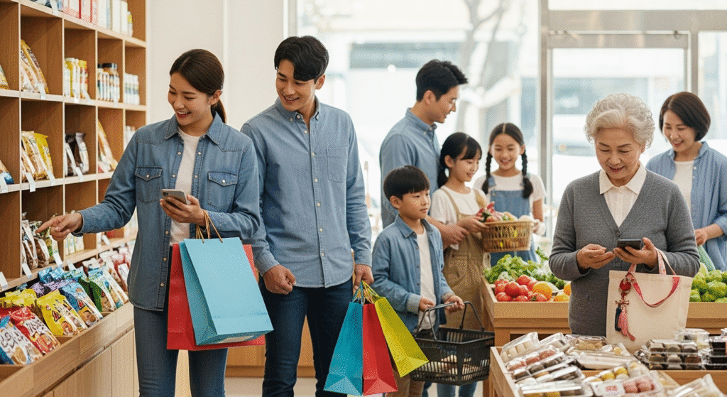 A group of diverse people, including adults and children, shopping in a vibrant grocery store filled with various products, such as snacks and fresh produce. Some are looking at their phones while browsing items.