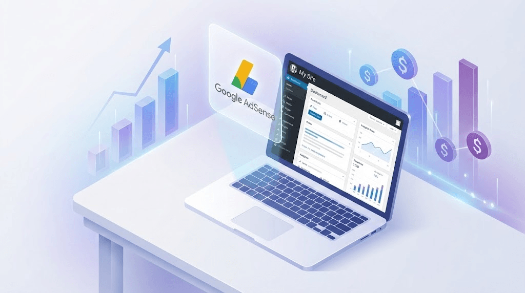 A digital illustration of a laptop displaying the Google AdSense dashboard, surrounded by graphical elements representing analytics and revenue growth.