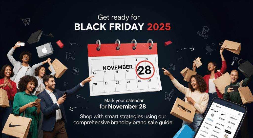 A diverse group of people happily preparing for Black Friday 2025 by pointing at a calendar marked November 28, with shopping bags and brand logos visible. 블랙프라이데이