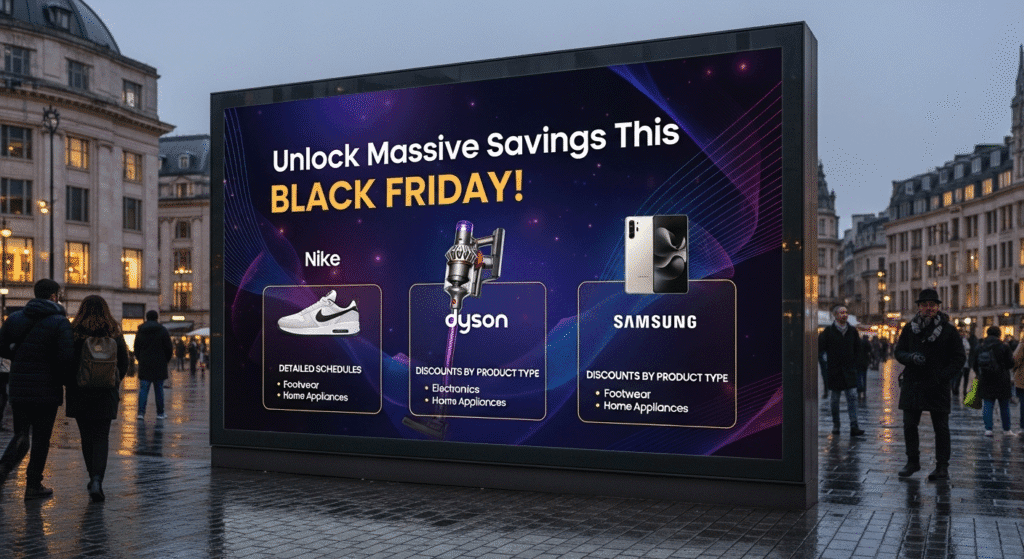 A digital billboard announcing Black Friday savings featuring products from Nike, Dyson, and Samsung, with details on discounts for footwear and home appliances. 블랙프라이데이