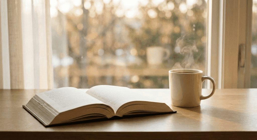 태도-깔끔한 나무 책상 위의 우아하게 펼쳐진 책, 창문으로 들어오는 부드러운 아침 햇살, 곁에 놓인 심플한 커피 한 잔, 배경의 은은한 보케 효과, 크림색과 베이지 색상 팔레트, 평화롭고 사색적인 분위기