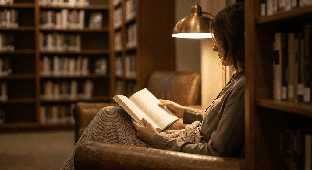 태도-조용한 도서관 구석에서 책을 읽는 사람, 독서등의 따뜻한 조명, 평화로운 분위기, 옆모습 실루엣, 부드러운 어스톤, 시네마틱 구도