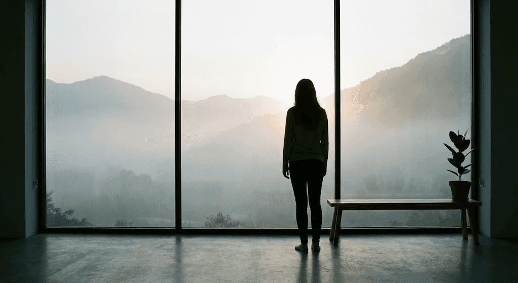 태도-큰 창가에 서서 밖을 바라보는 사람의 실루엣, 평화로운 아침 장면, 부드러운 역광, 미니멀한 인테리어, 차분하고 사색적인 분위기, 안개 낀 산 풍경