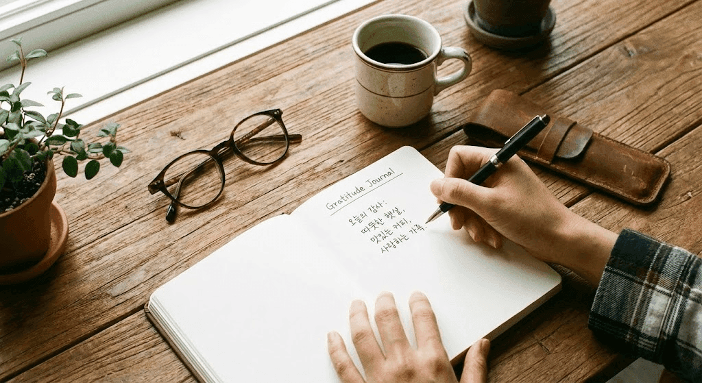 태도-나무 테이블 위에서 감사 일기를 쓰는 손의 오버헤드 샷, 곁에 모닝 커피, 부드러운 자연 조명, 아늑한 아침 장면, 따뜻한 톤