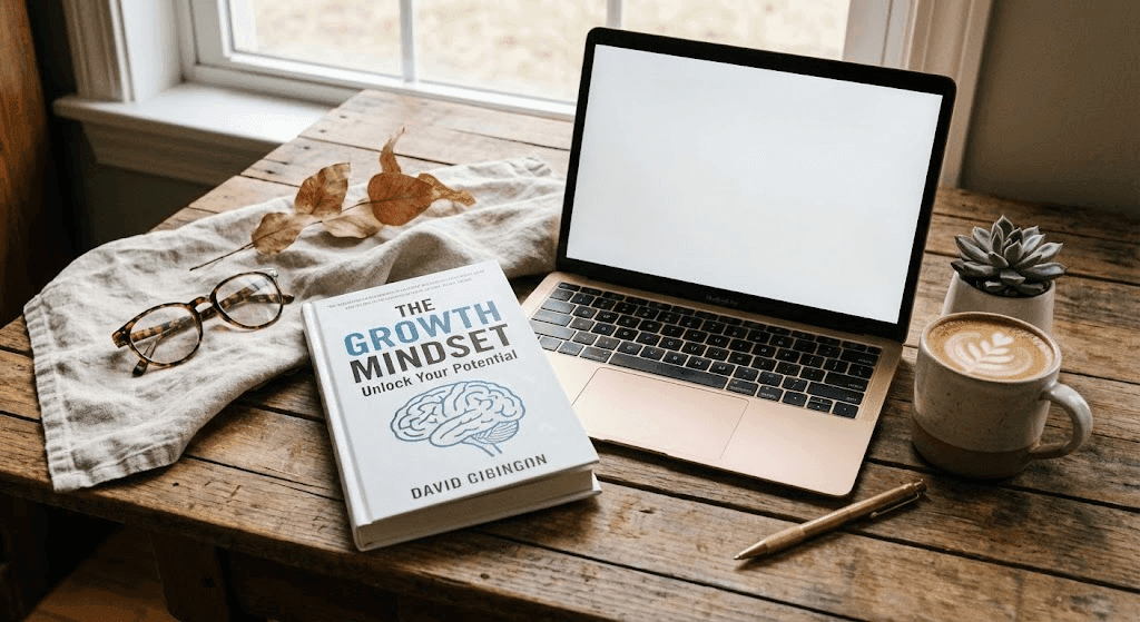 태도-나무 표면 위의 자기계발 책, 독서용 안경, 노트북, 펜, 커피잔으로 둘러싸인 플랫레이, 자연광, 인스타그램 미학