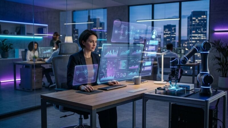 AI 자동화가 적용된 업무 공간과 다중 모니터
