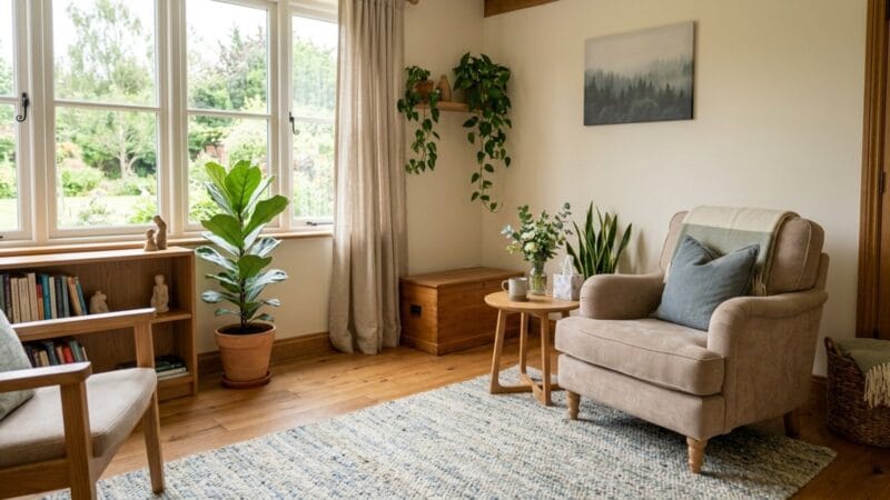 심리 상담실의 안락한 분위기와 노트 패드