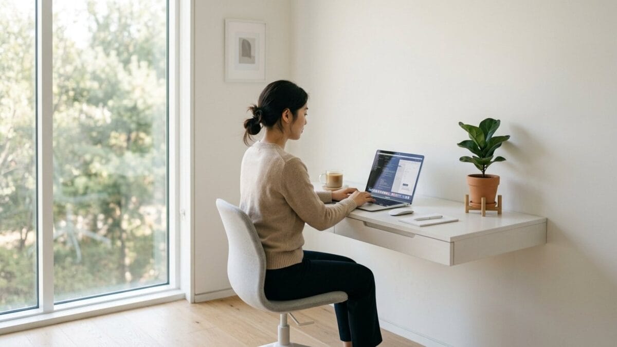 재택근무 홈 오피스 공간을 보여주는 책상과 노트북