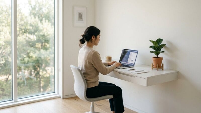 재택근무 홈 오피스 공간을 보여주는 책상과 노트북