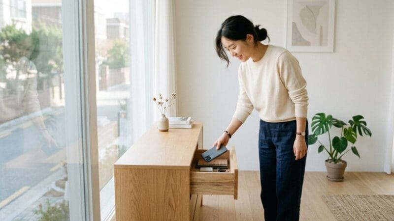 디지털 디톡스를 상징하는 서랍 속 스마트폰과 평온한 공간