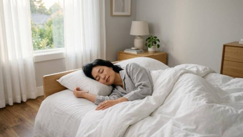 수면 건강을 상징하는 평온한 침실과 스마트 조명