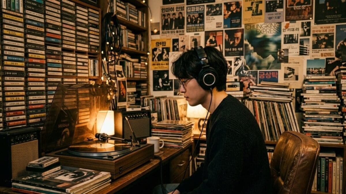 아날로그 맥시멀리즘을 상징하는 레코드판과 필름 카메라가 놓인 책상