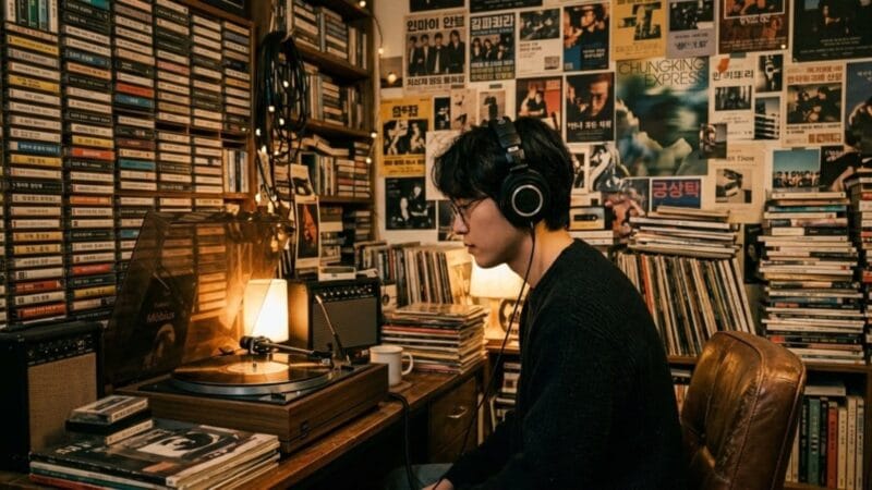 아날로그 맥시멀리즘을 상징하는 레코드판과 필름 카메라가 놓인 책상