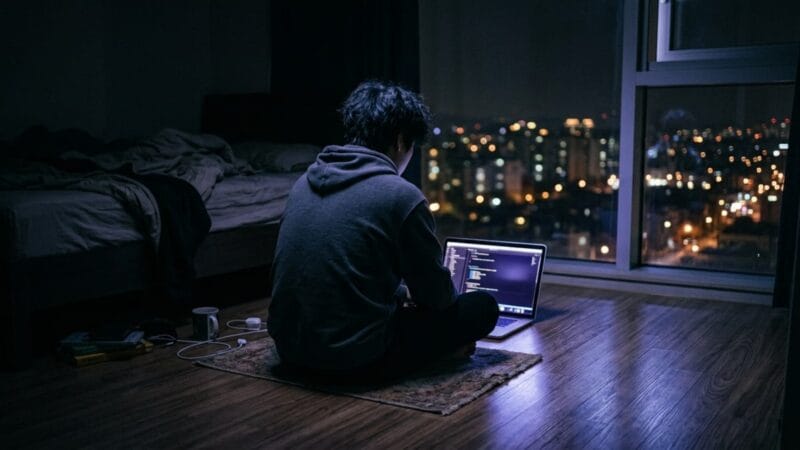 챗GPT와의 대화로 위로를 찾는 어두운 방 안의 스마트폰 화면