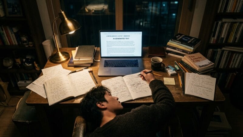 AI가 글을 대신 써준 작가의 고뇌를 상징하는 키보드와 종이 원고