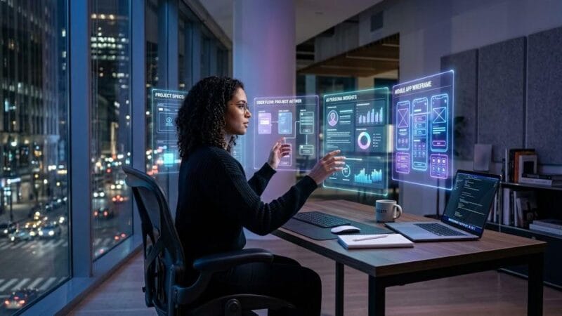 AI 시대 UX 디자이너가 홀로그래픽 AI 인터페이스를 바라보는 모습