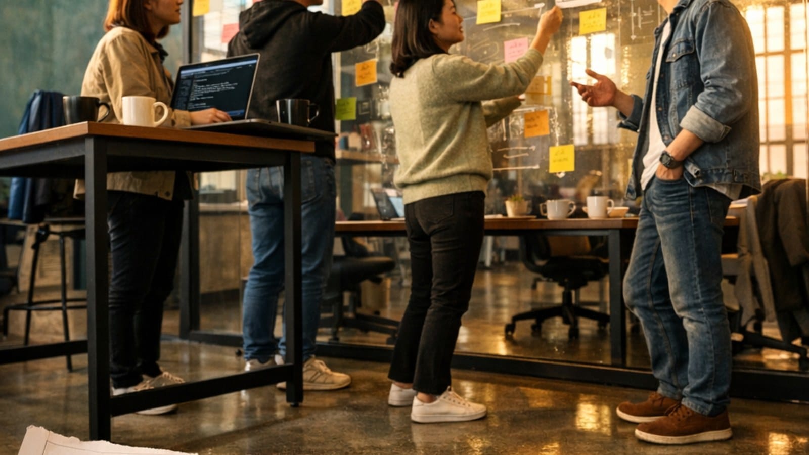 AI 시대 IT 직무 경계가 무너지고 조직도가 해체된 개방형 팀 협업 장면