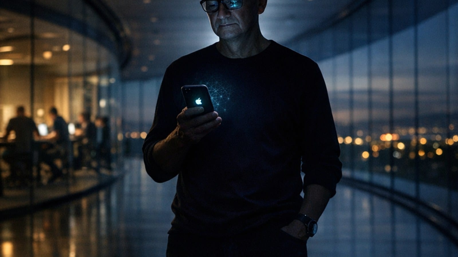 애플 인텔리전스 AI 전략을 고민하는 팀 쿡의 실루엣, 긴 유리 복도에 홀로 선 장면