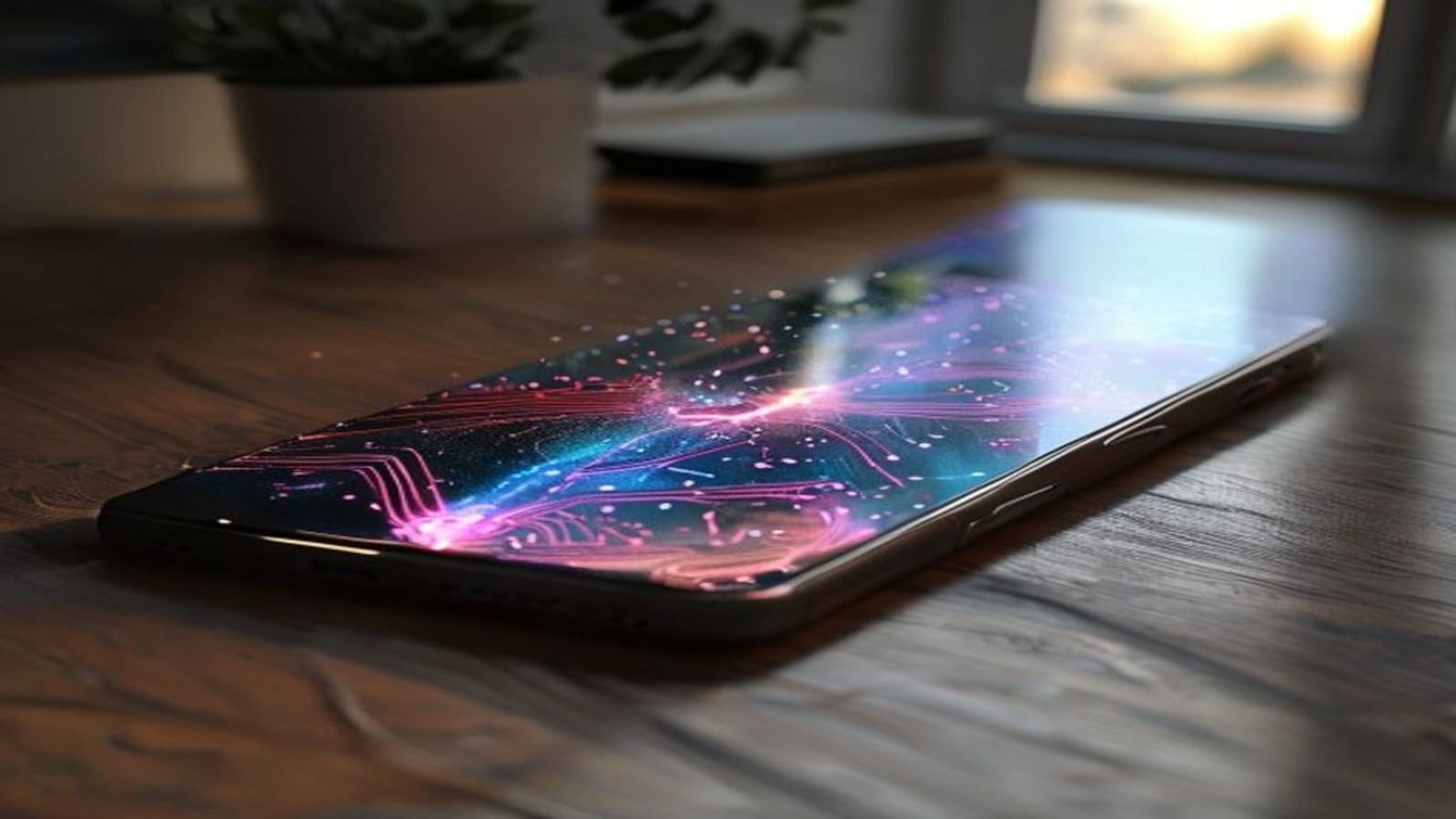 온디바이스에서 작동하는 애플 인텔리전스 AI 전략을 시각화한 아이폰과 뉴럴 회로