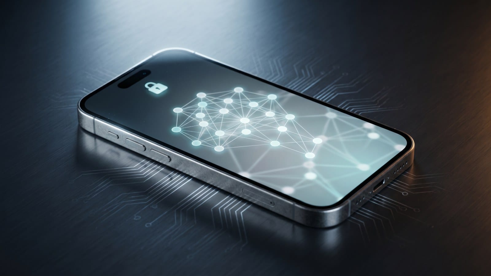 온디바이스로 작동하는 애플 인텔리전스 AI 전략의 아이폰 뉴럴 회로 시각화