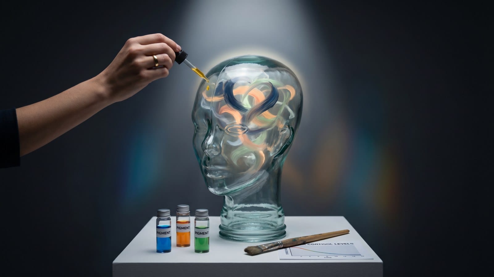 번아웃 미술치료가 뇌와 코르티솔에 미치는 복원 효과를 형상화한 개념 이미지