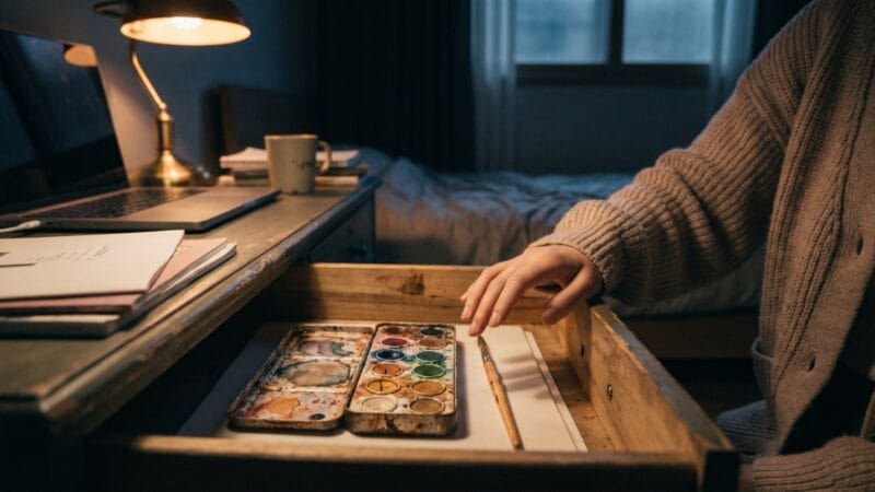 번아웃 미술치료의 시작을 알리는 오래된 수채화 상자와 밤의 책상