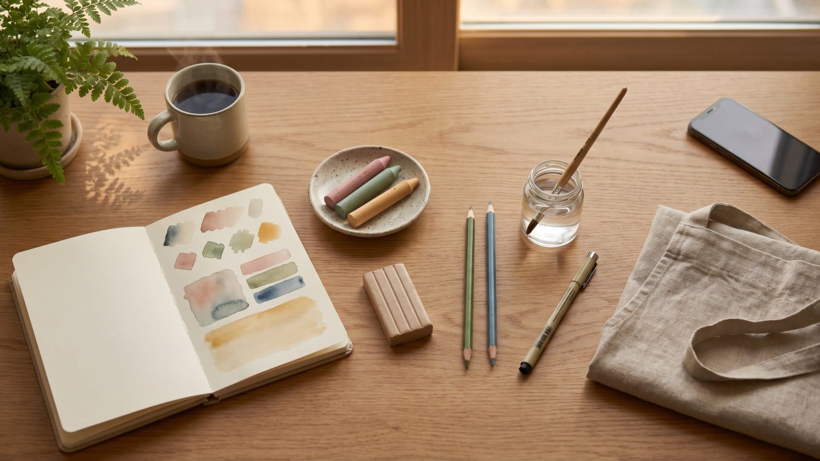 번아웃 미술치료를 혼자 시작하기 위한 집 책상 위의 드로잉 키트 플랫레이