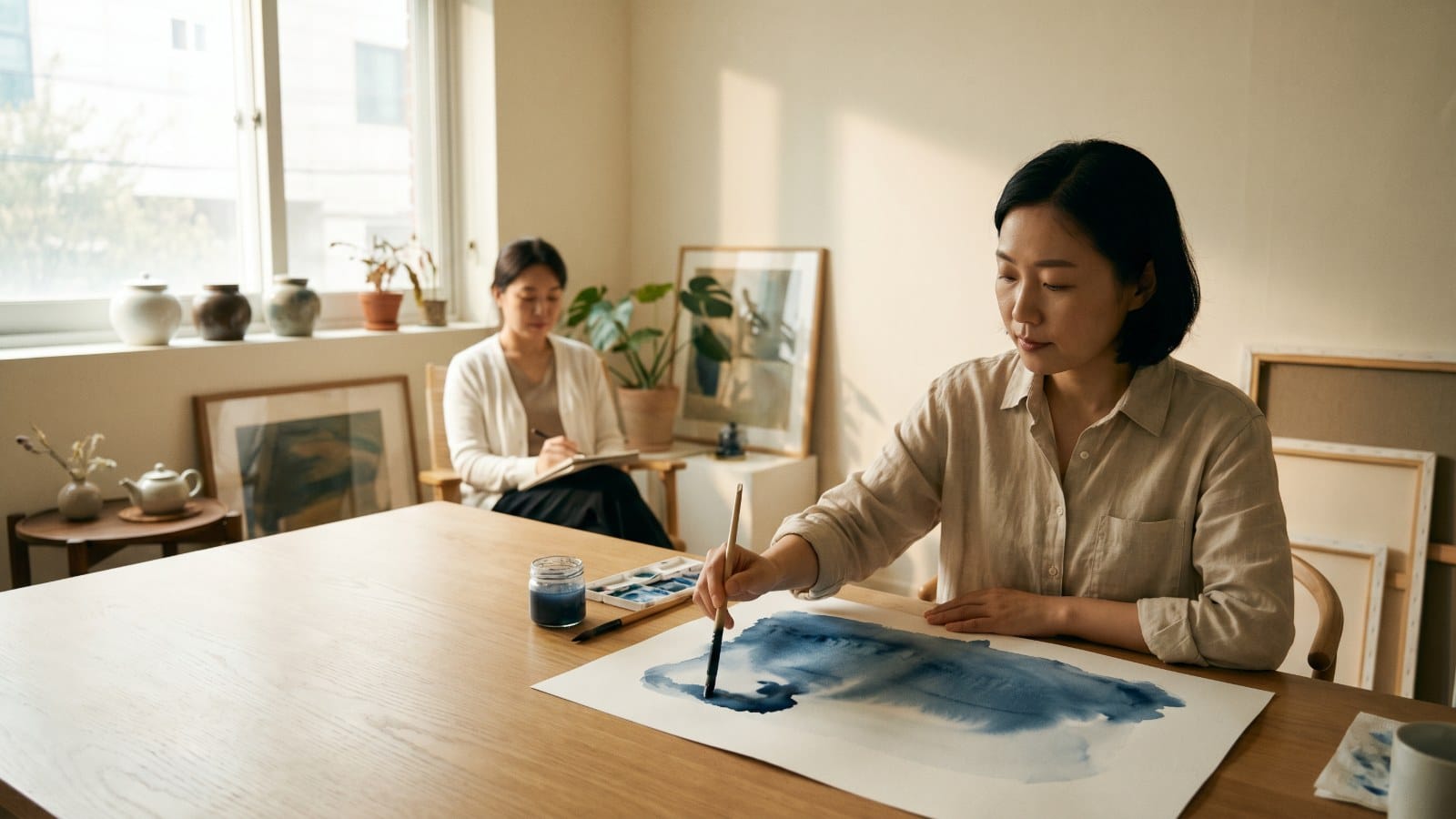 번아웃 미술치료 상담실에서 내담자가 붓질에 몰입하고 치료사가 조용히 곁을 지키는 장면