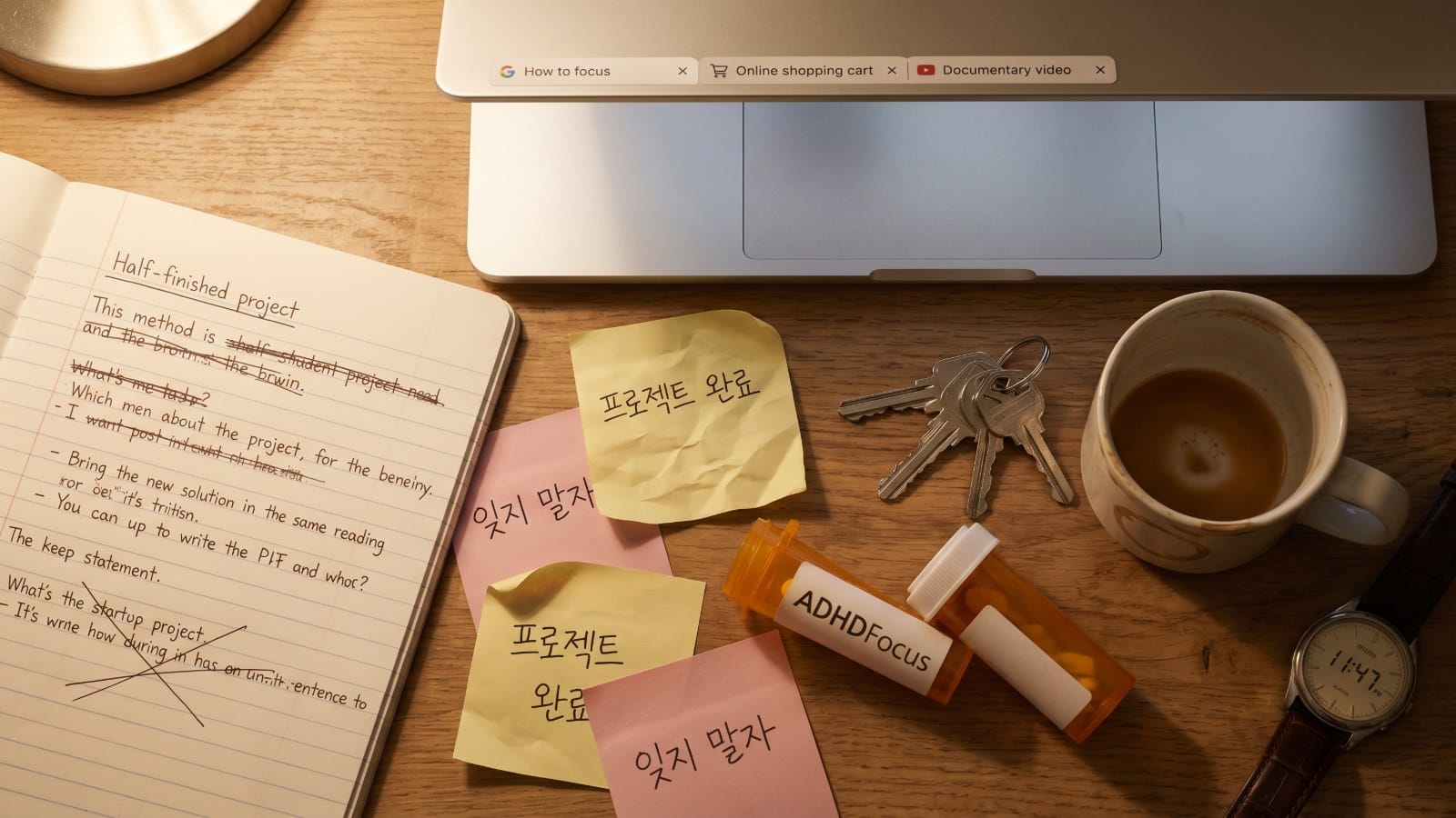 성인 ADHD 자가진단 7가지 신호가 드러나는 하루의 책상 플랫레이
