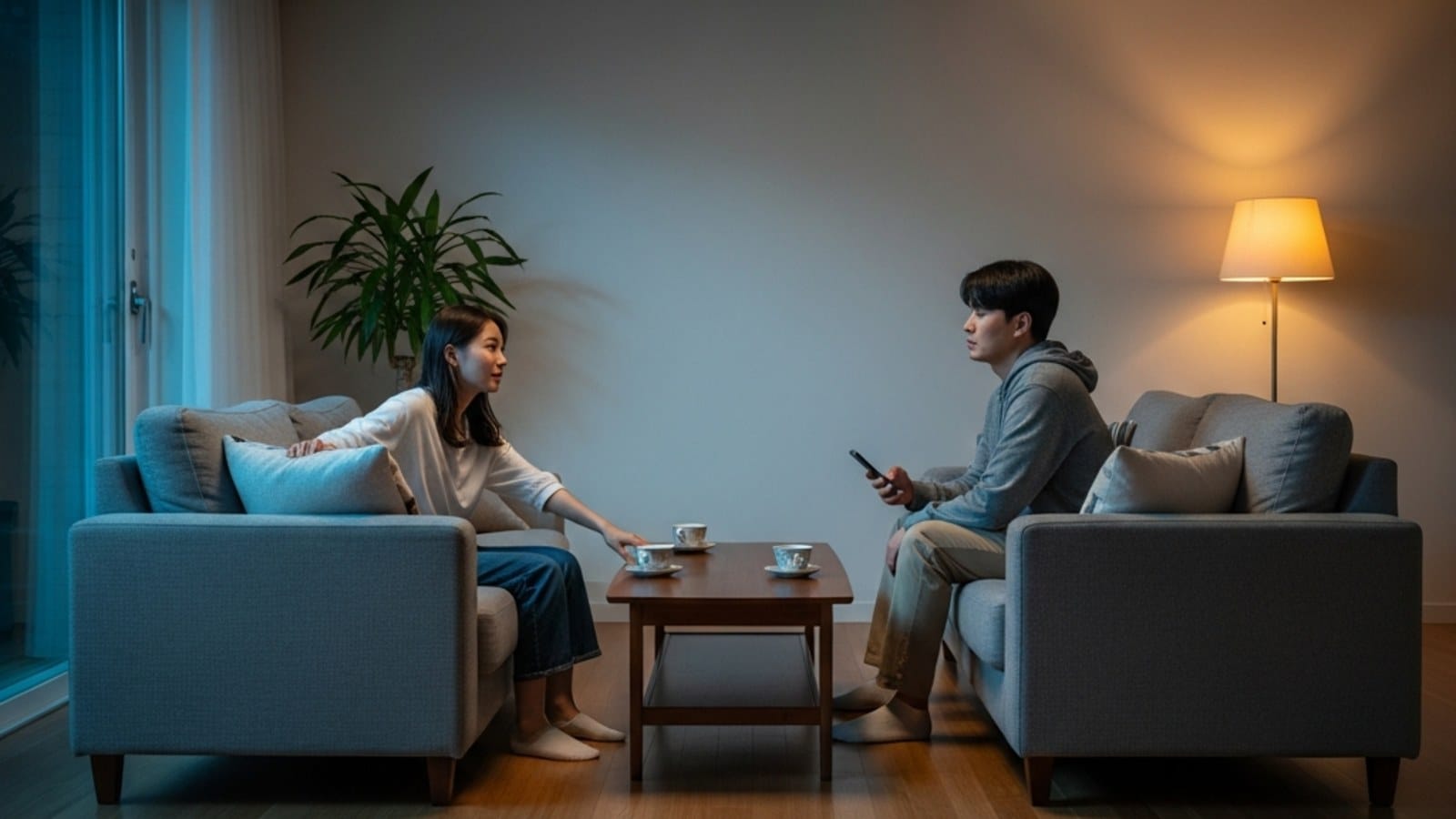 애착 유형 차이로 소파 양 끝에 앉은 커플 — 불안형과 회피형의 고요한 긴장