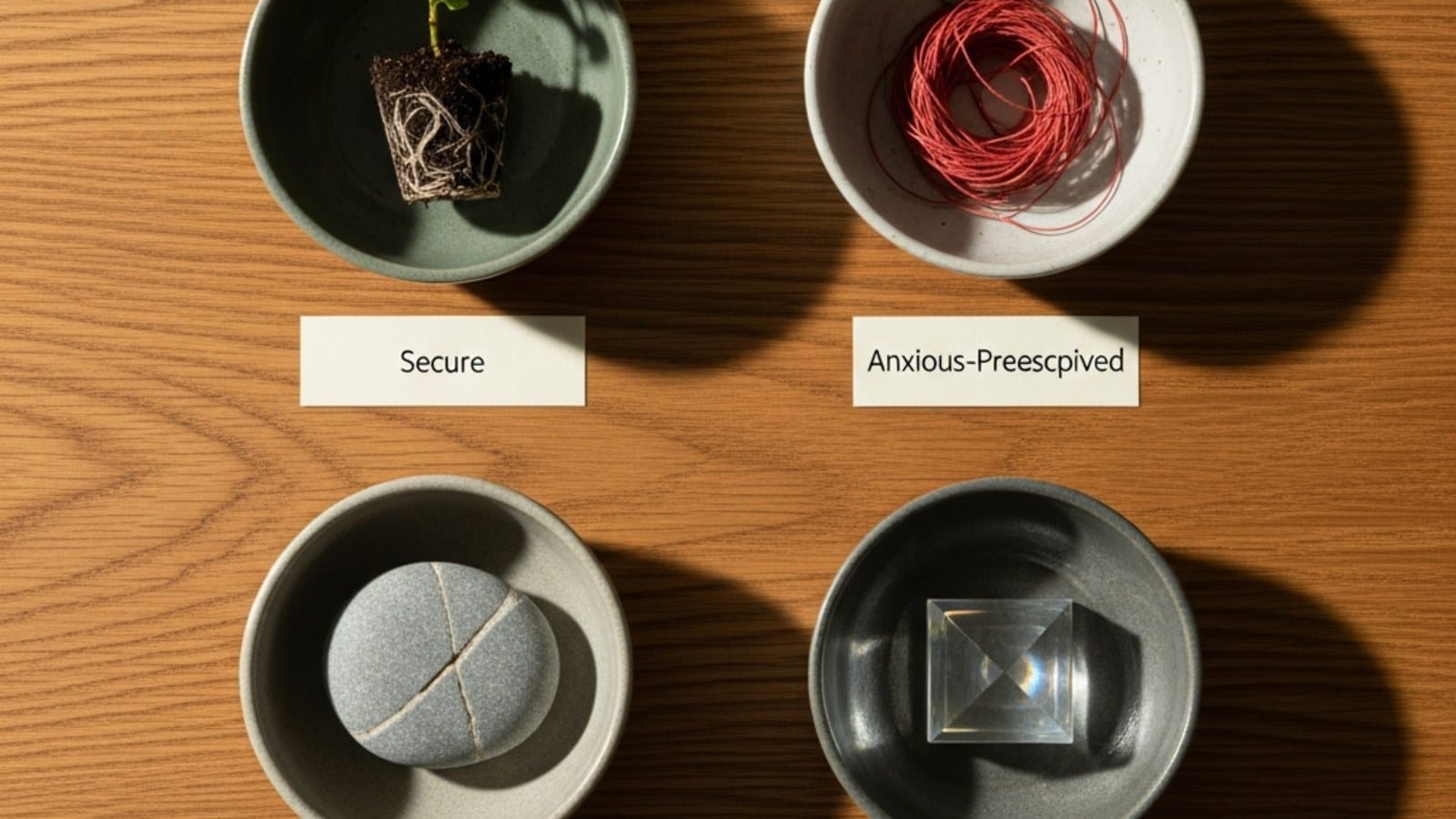 네 가지 애착 유형을 상징하는 네 개의 그릇 — 안정·불안·회피·혼란
