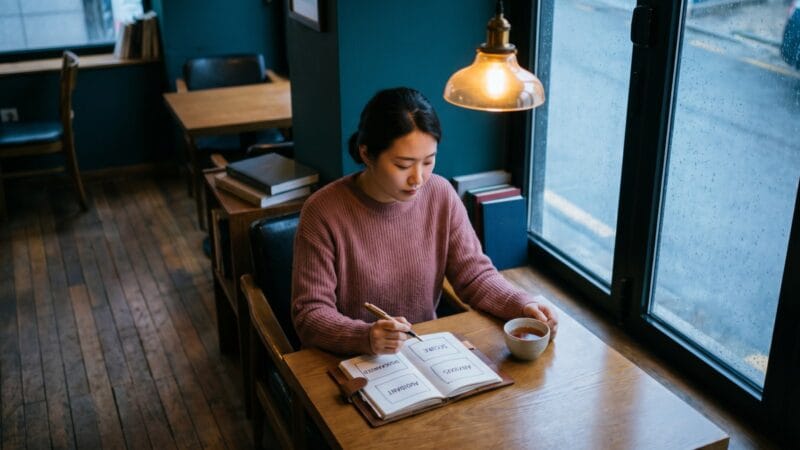 애착 유형 네 가지를 처음 구분하던 밤 — 카페에서 저널에 네 개의 상자를 그리는 장면