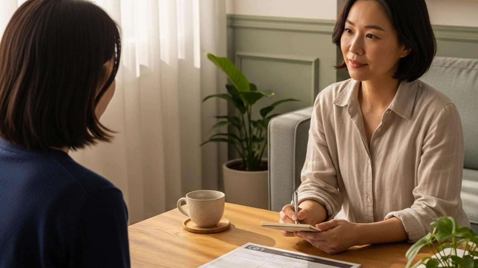 인지 왜곡을 CBT 사고 기록지로 함께 다시 쓰는 상담실 장면