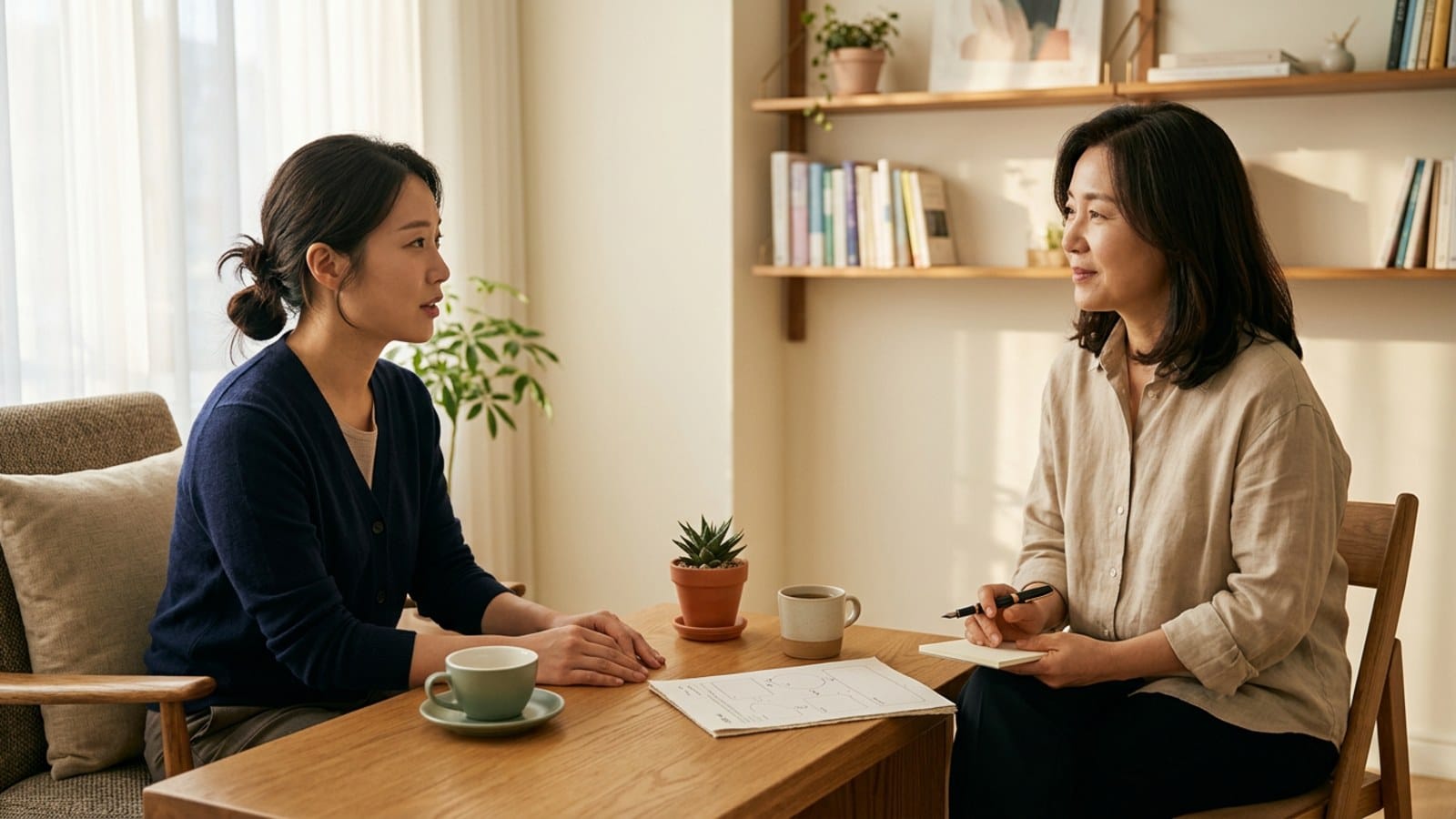 인지 왜곡을 다시 쓰는 CBT 상담 세션 — 텍스트 없는 워크시트와 두 사람의 대화