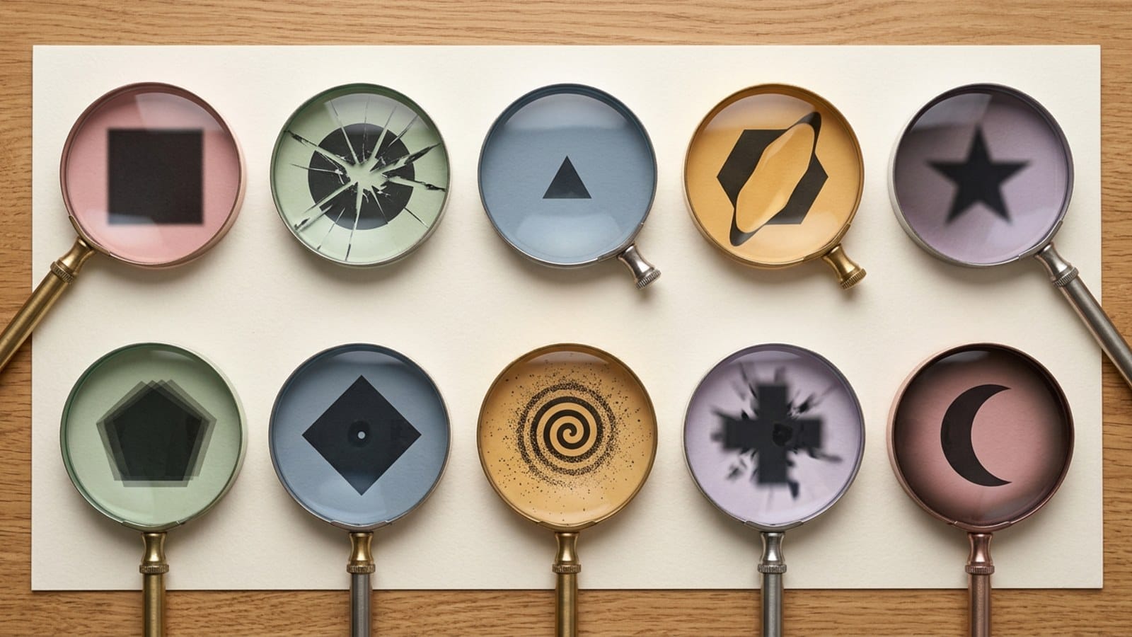 인지 왜곡 10가지를 텍스트 없이 굴절 형상으로 표현한 열 개의 렌즈