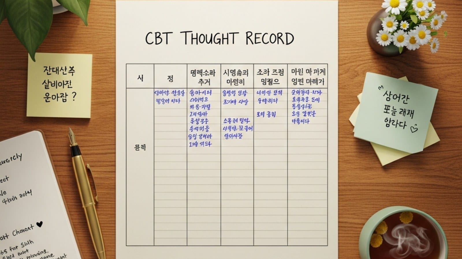 인지 왜곡 교정용 CBT 사고 기록지 5칸 — 상황·감정·자동 생각·왜곡 유형·균형 잡힌 생각