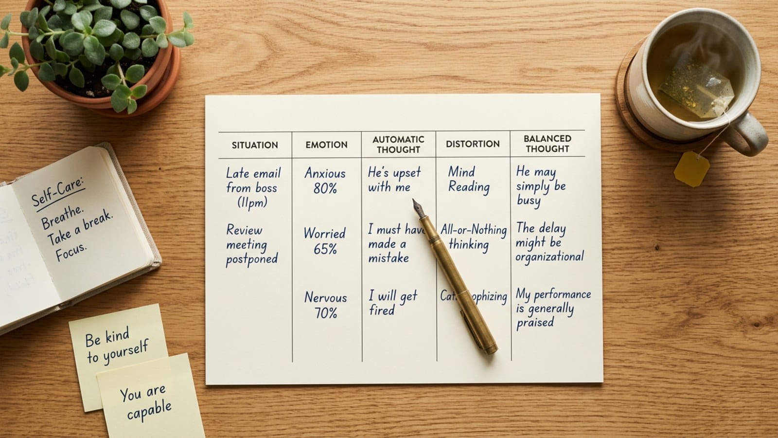 인지 왜곡 교정용 CBT 사고 기록지 5칸 — Situation Emotion Thought Distortion Reframe