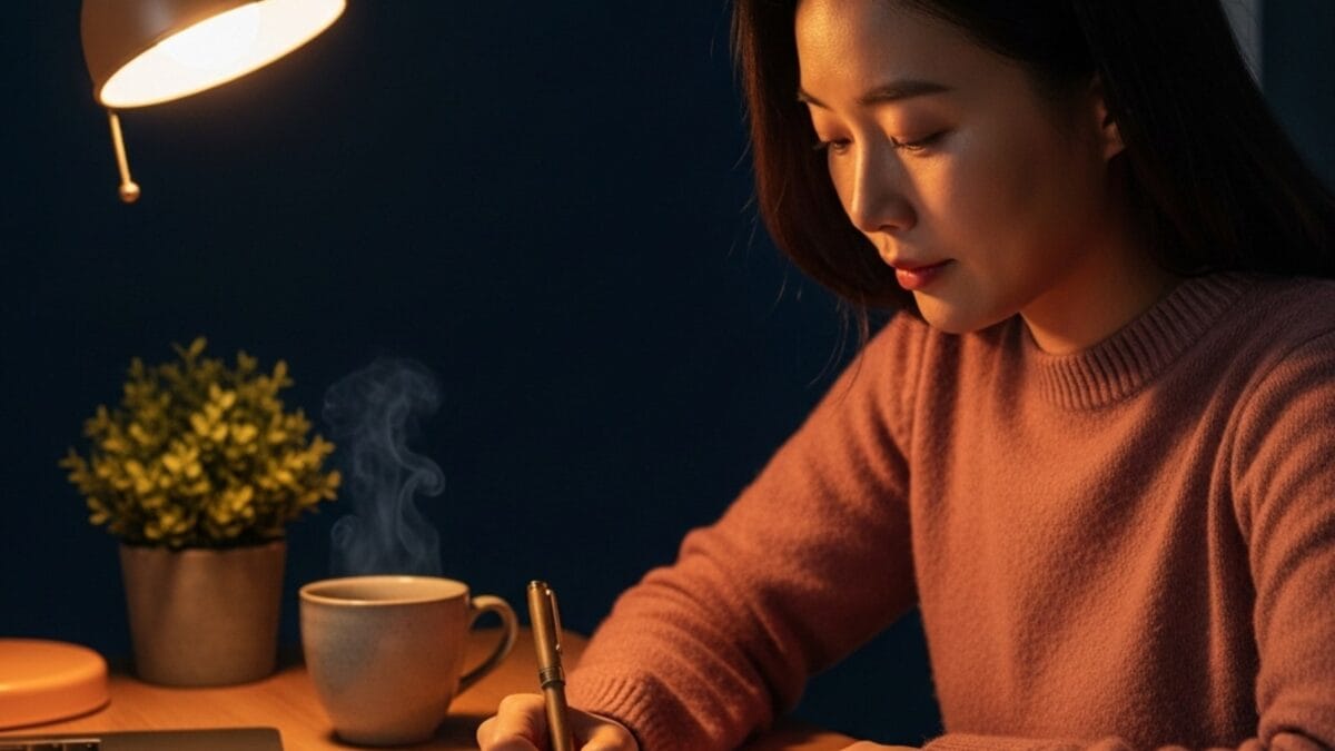 완벽주의 극복을 위해 자기 자신에게 친구처럼 편지를 쓰는 밤의 장면