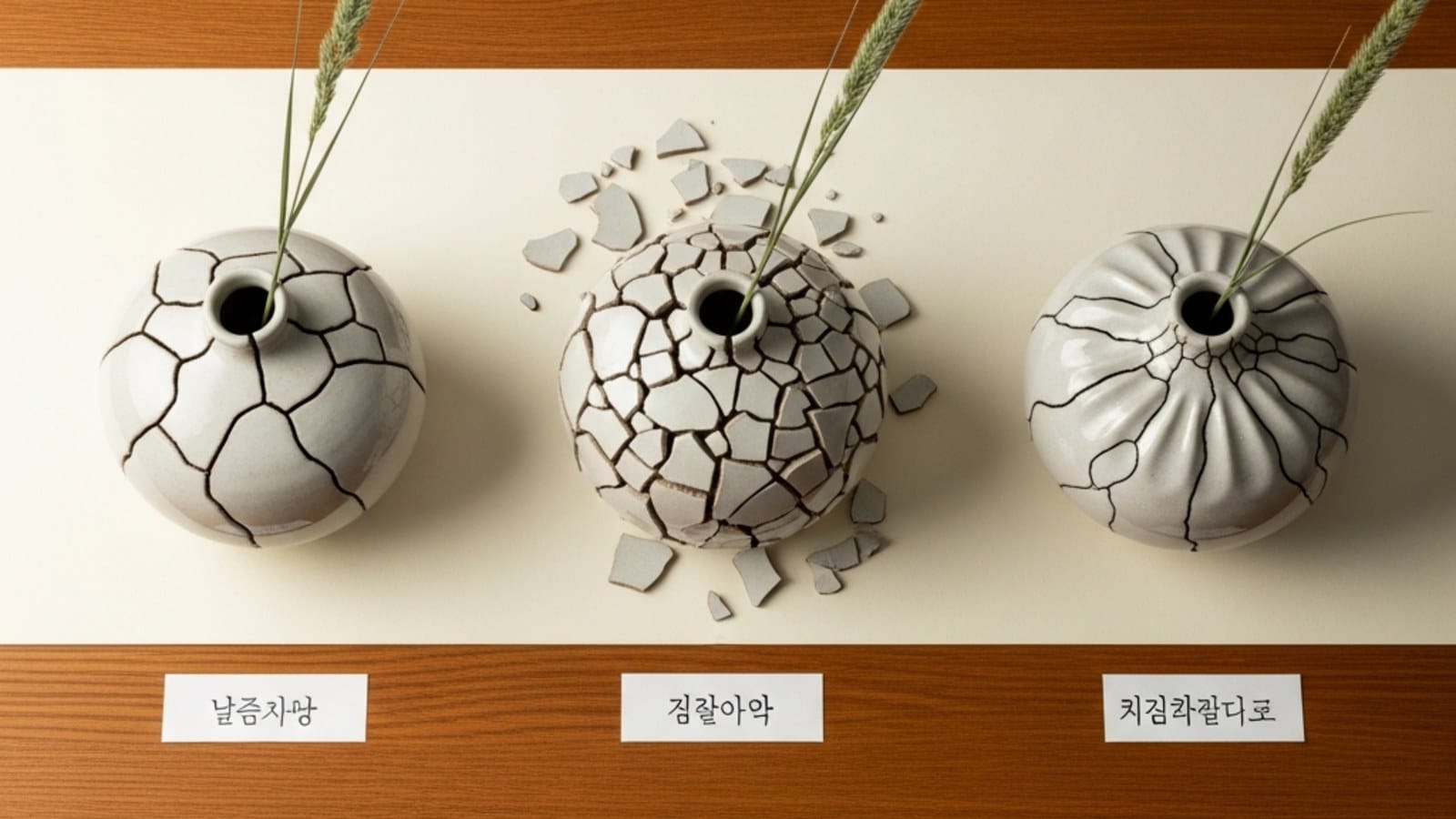 완벽주의 세 가지 얼굴 — 자기·타인·사회적으로 부과된 완벽주의를 상징하는 세 개의 도자기