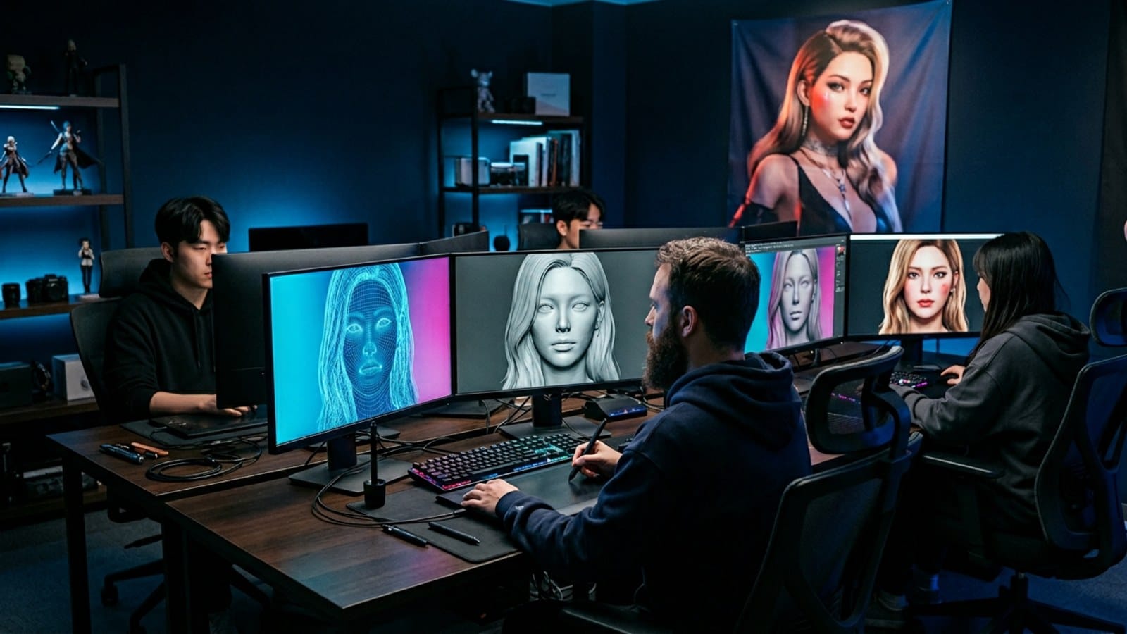 가상 인플루언서를 만드는 3D 캐릭터 디자인 스튜디오의 야간 작업 풍경