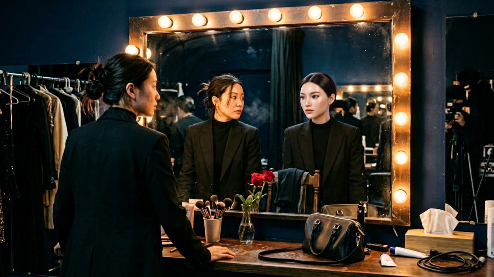 백스테이지 거울 앞에서 진짜 사람과 가상 인플루언서가 나란히 마주하는 장면