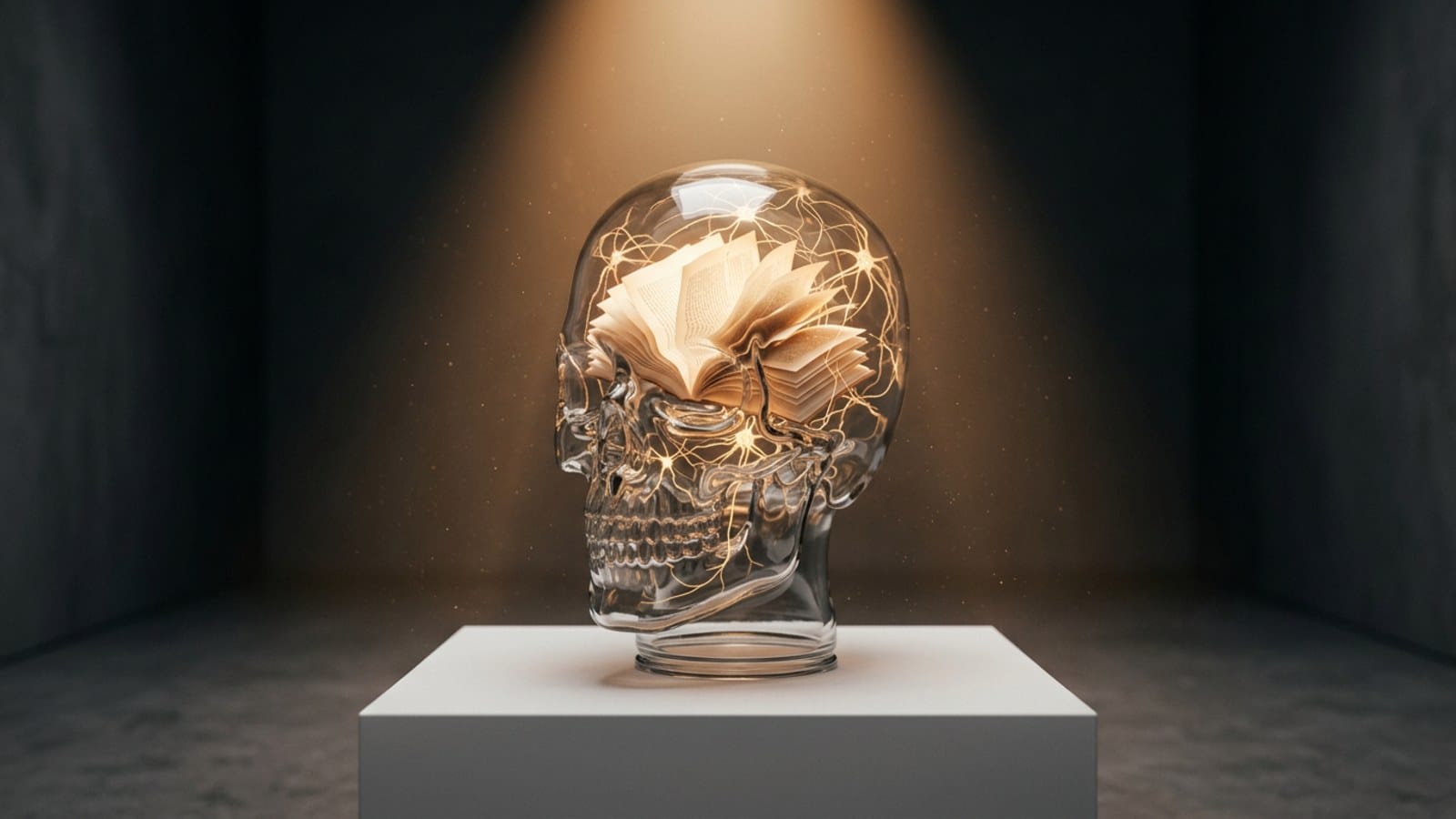 깊이 읽기가 활성화하는 뇌의 고차원 회로를 책장의 빛으로 시각화한 개념 이미지