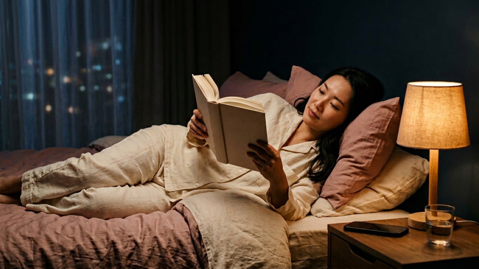 한밤중 침대 머리맡 등불 아래 깊이 책에 빠진 한 사람 — 깊이 읽기 회복의 따뜻한 마무리