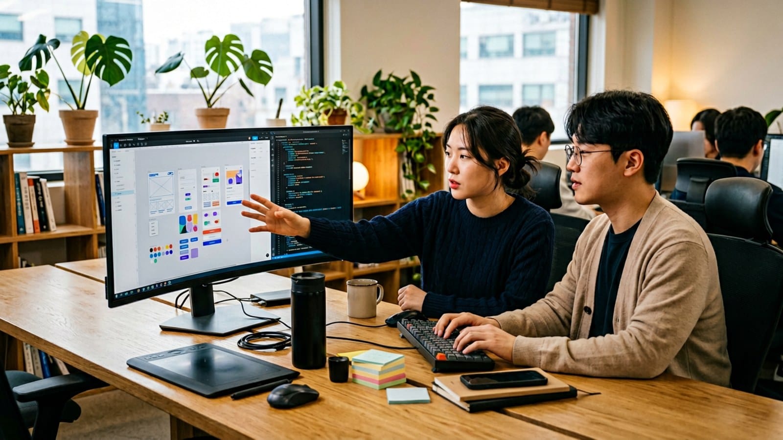 디자이너와 개발자가 한 모니터 앞에서 디자인-코드를 함께 검토하는 협업 장면