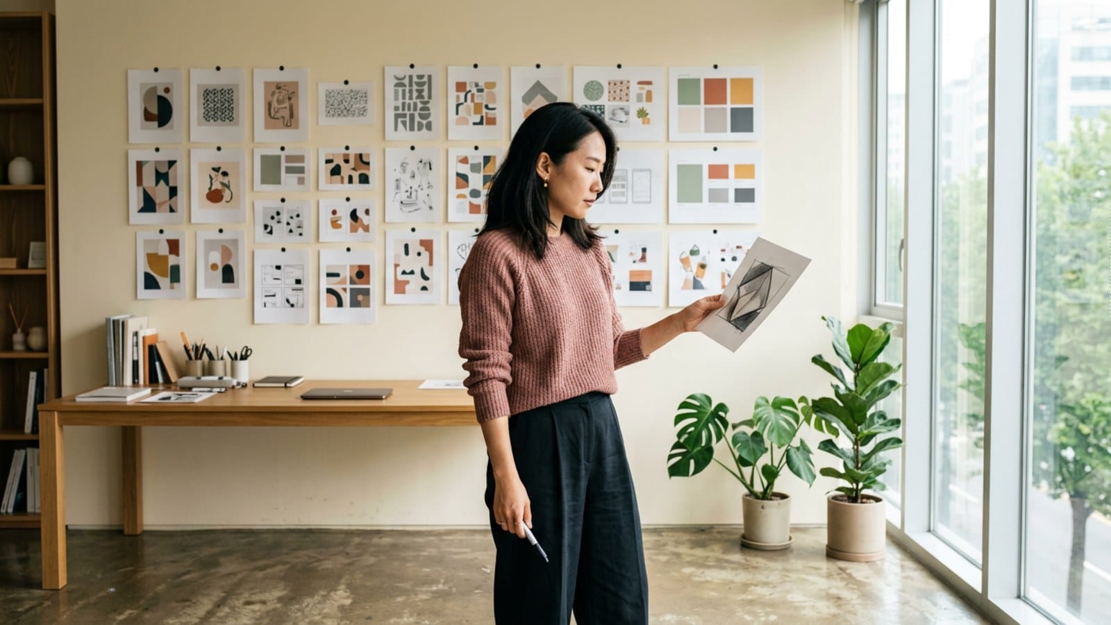 디자인 시안 벽 앞에 서서 결정을 내리는 디자이너 — 도구가 빨리 변해도 손은 디자이너의 것