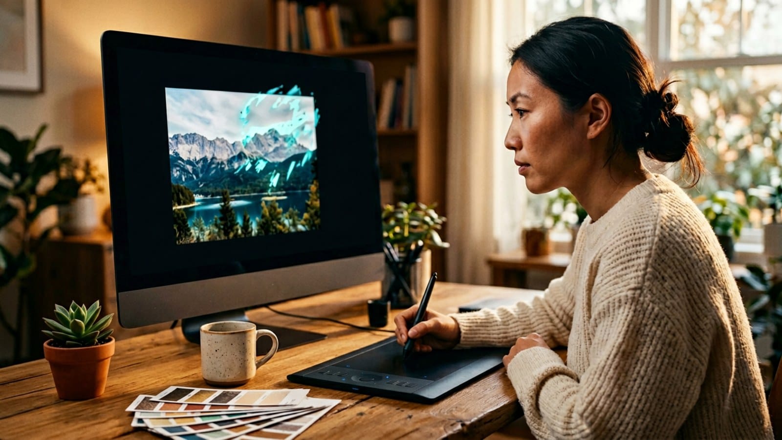 Adobe Firefly 생성형 AI를 활용해 사진을 편집하는 디자이너의 작업 장면