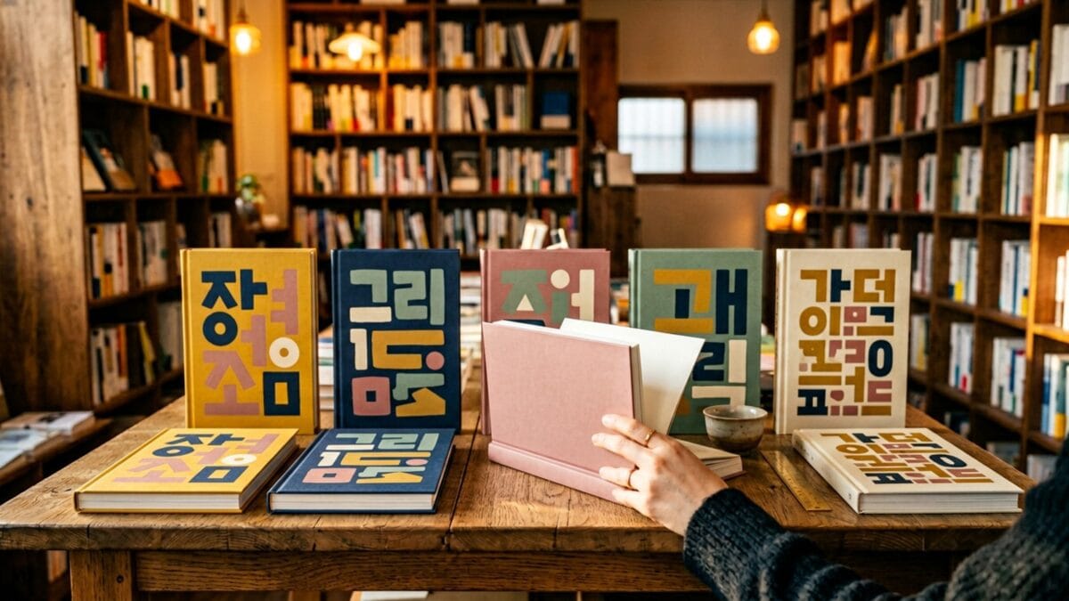 책방 진열대의 책 표지에 자리 잡은 한글 폰트의 풍경