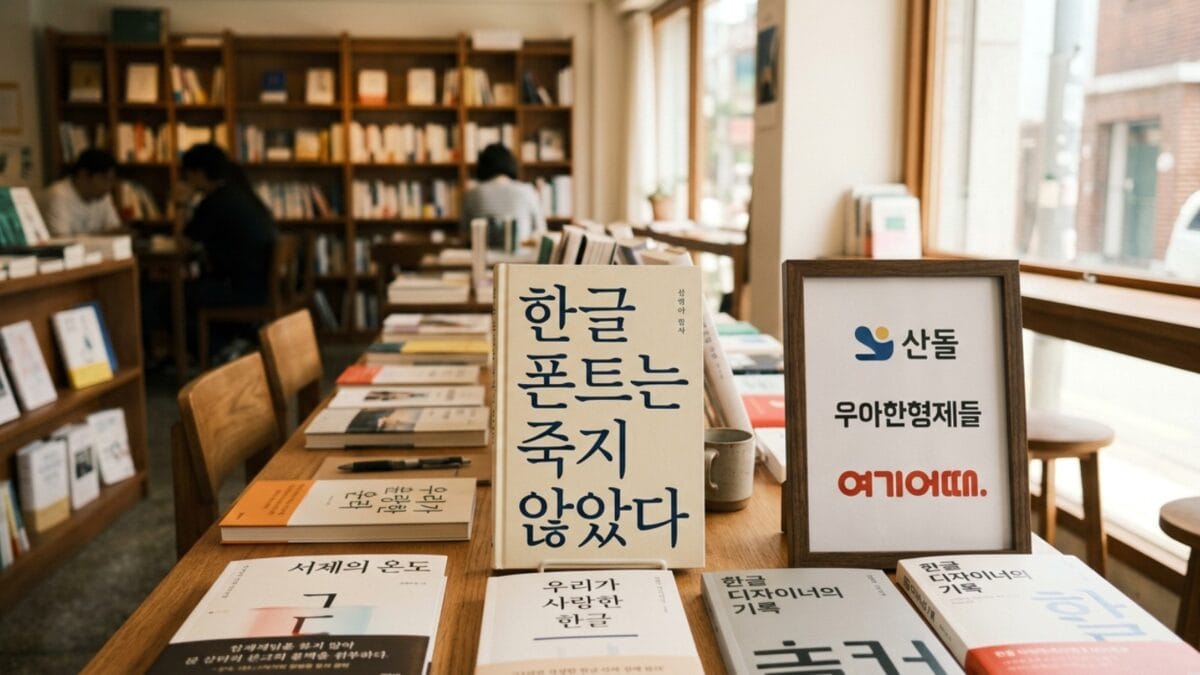 한글 폰트가 인쇄된 한국 독립서점 매대
