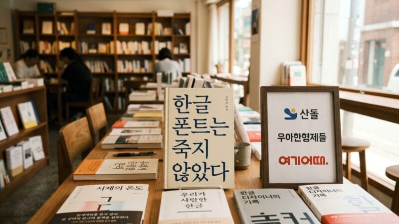 한글 폰트가 인쇄된 한국 독립서점 매대