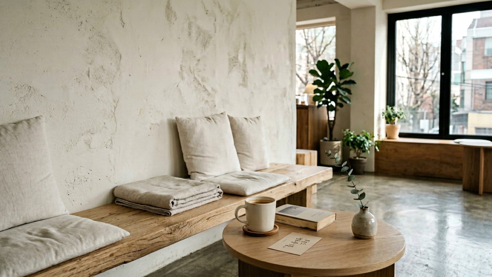 Pantone Cloud Dancer 화이트 톤이 적용된 한국 미니멀 카페